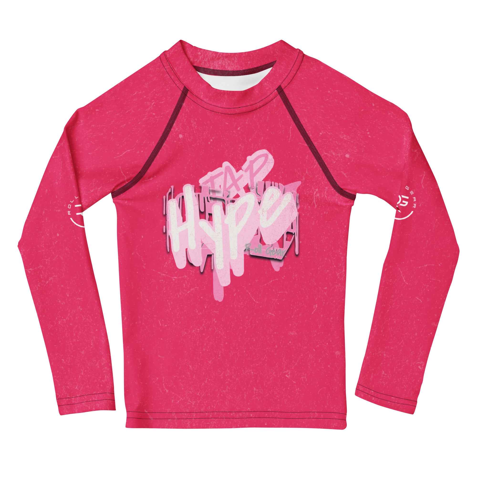 Roll Gear Tap Hype Kids Long Sleeve BJJ Rash Guard, front view.