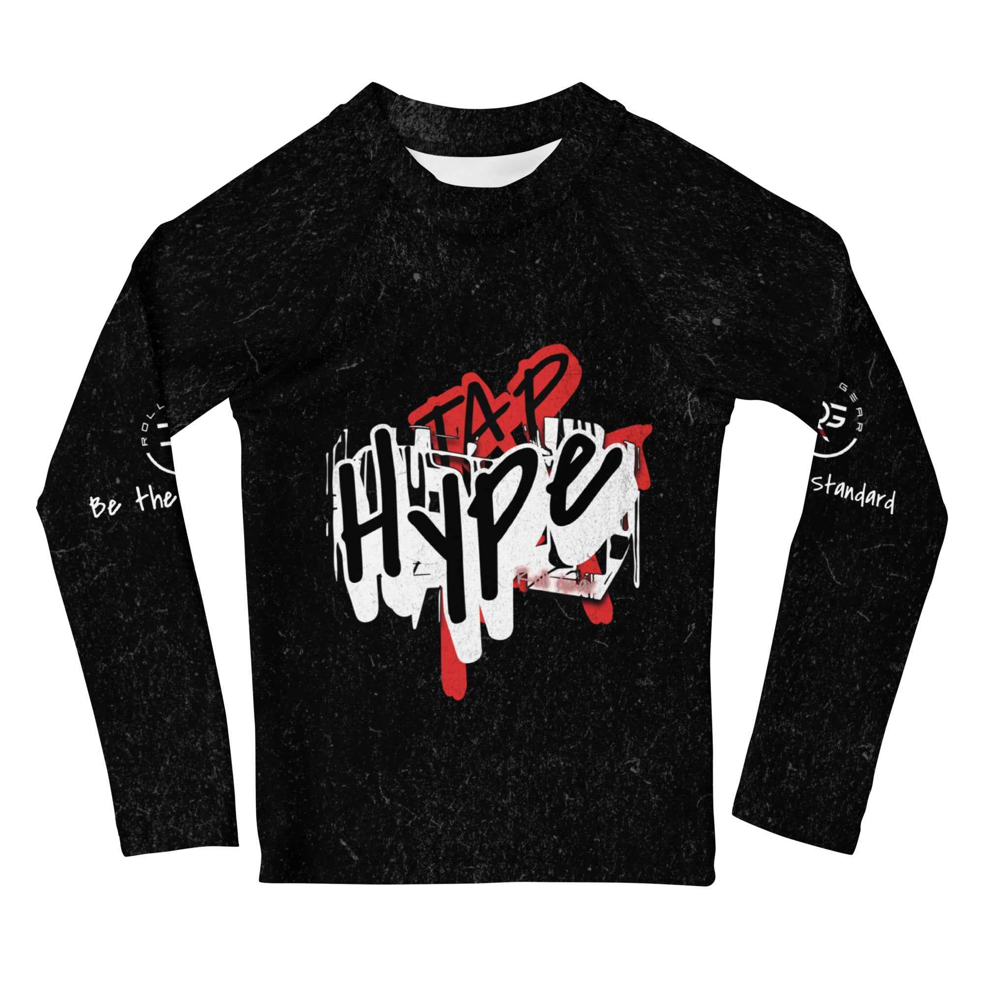 Roll Gear Tap Hype Kids Rash Guard, front view, all-over print.