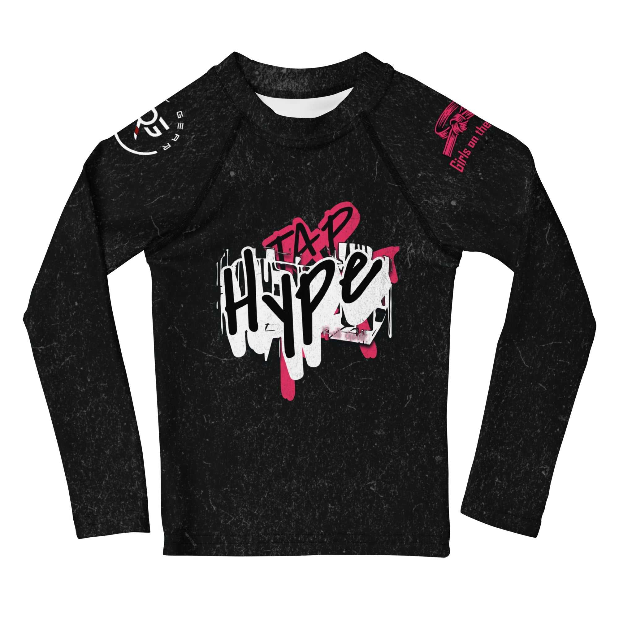 Roll Gear Tap Hype – Pink Edition Kids Long-Sleeve BJJ Rash Guard, front view, all-over print.