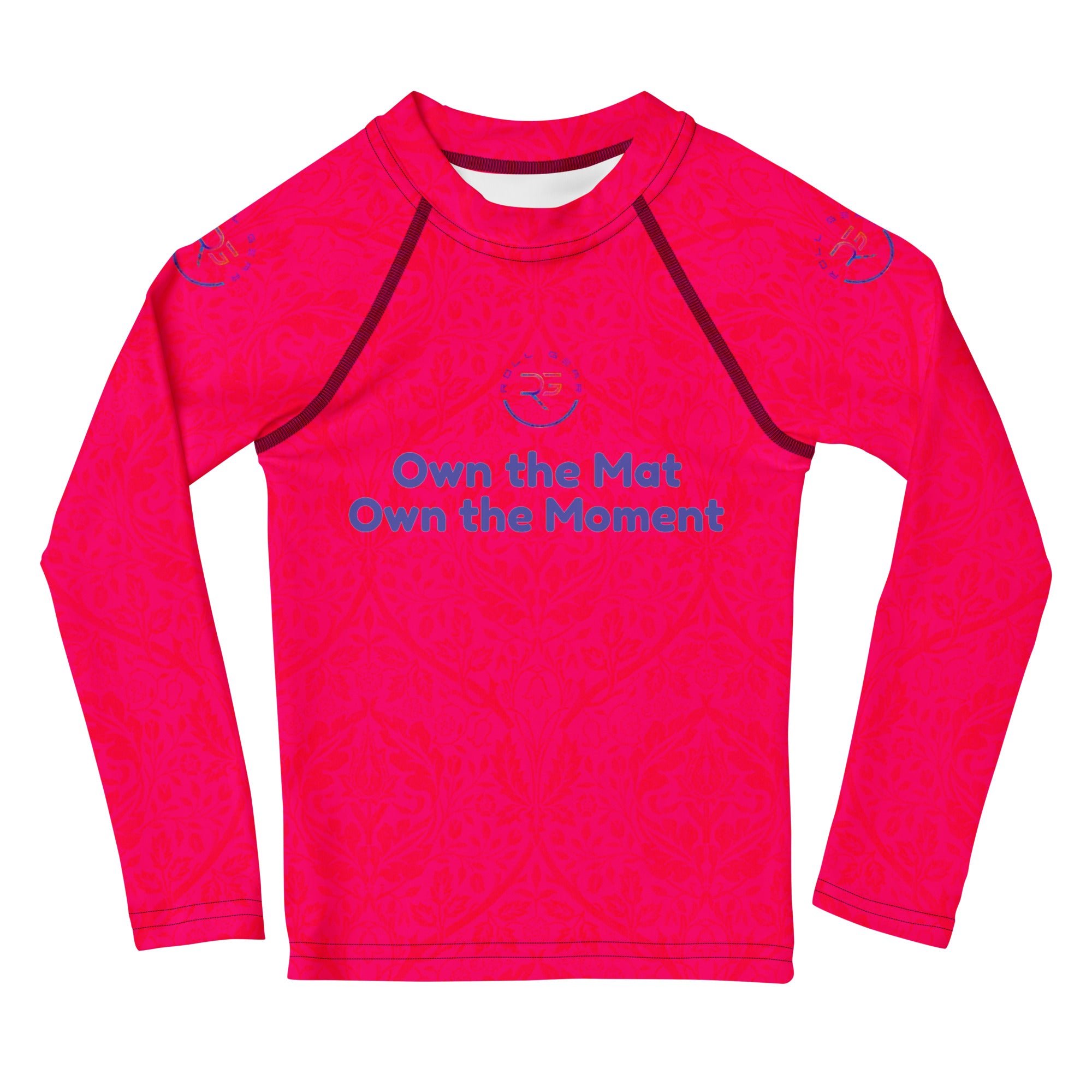 Roll Gear Evolve or Repeat Kid Girls Rash Guard – Pink, front view, all-over print.