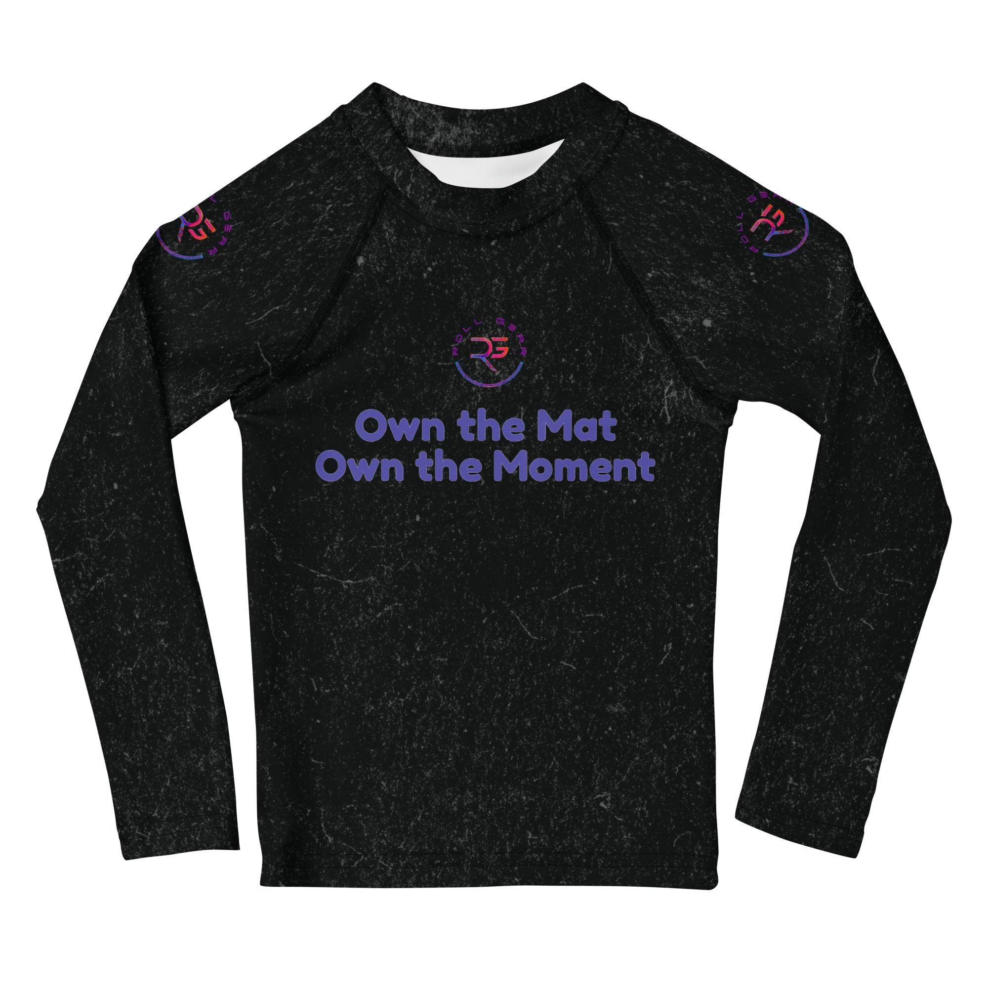 Roll Gear Evolve or Repeat Kid Girls Rash Guard – Black, front view, all-over print.