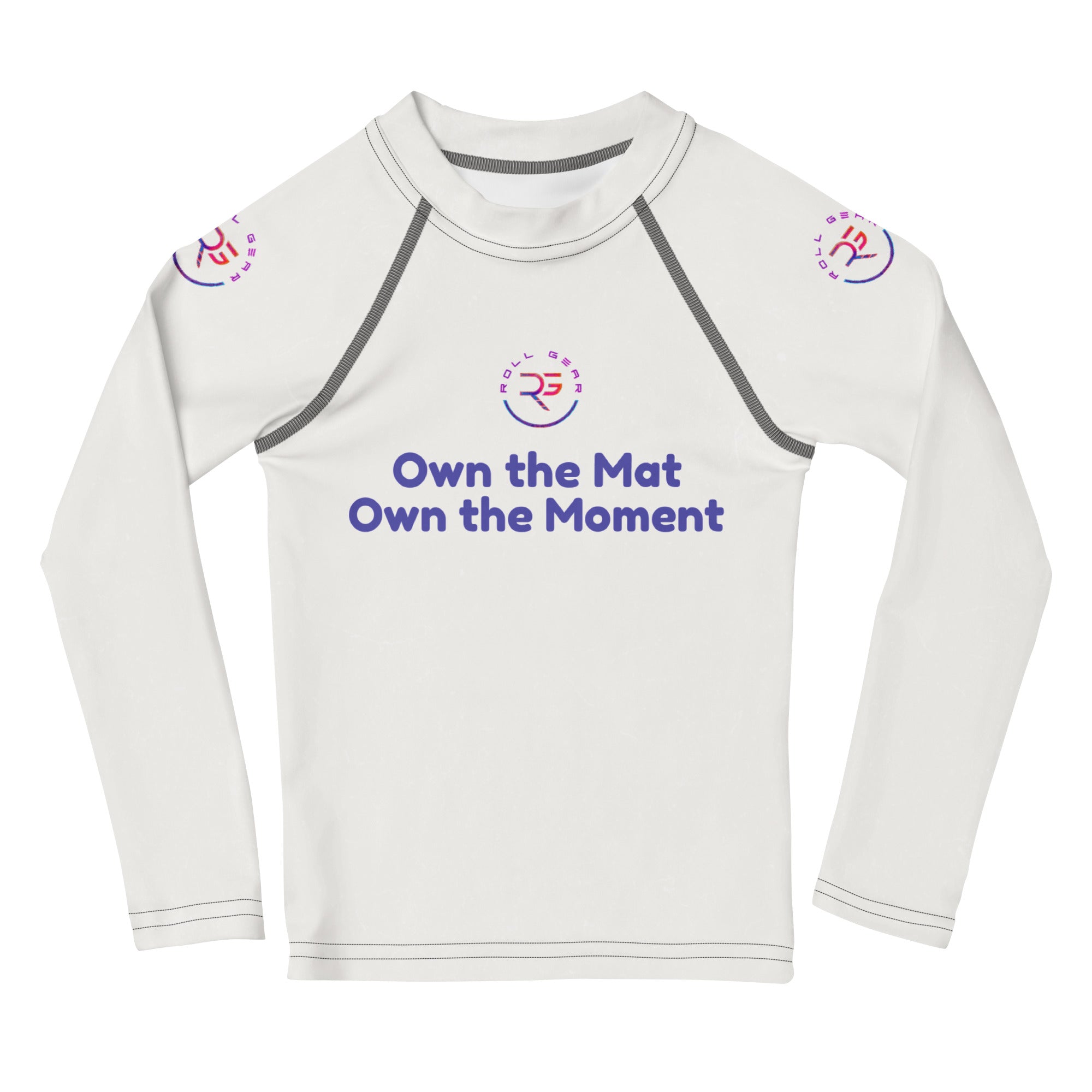 Roll Gear Evolve or Repeat Kid Girls Rash Guard - White, front view.