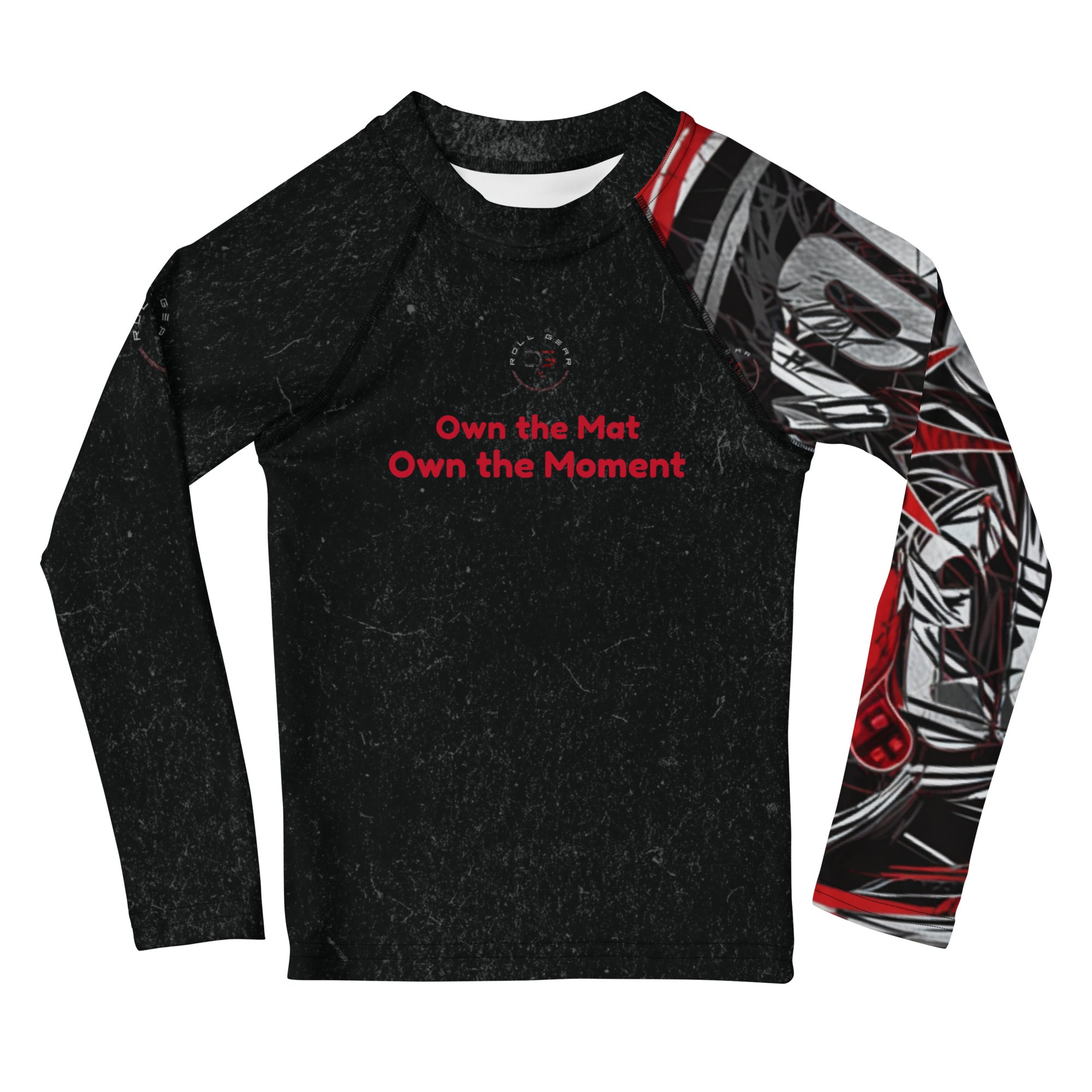 Roll Gear Evolve or Repeat Kid Boys Rash Guard, front view, all-over print.