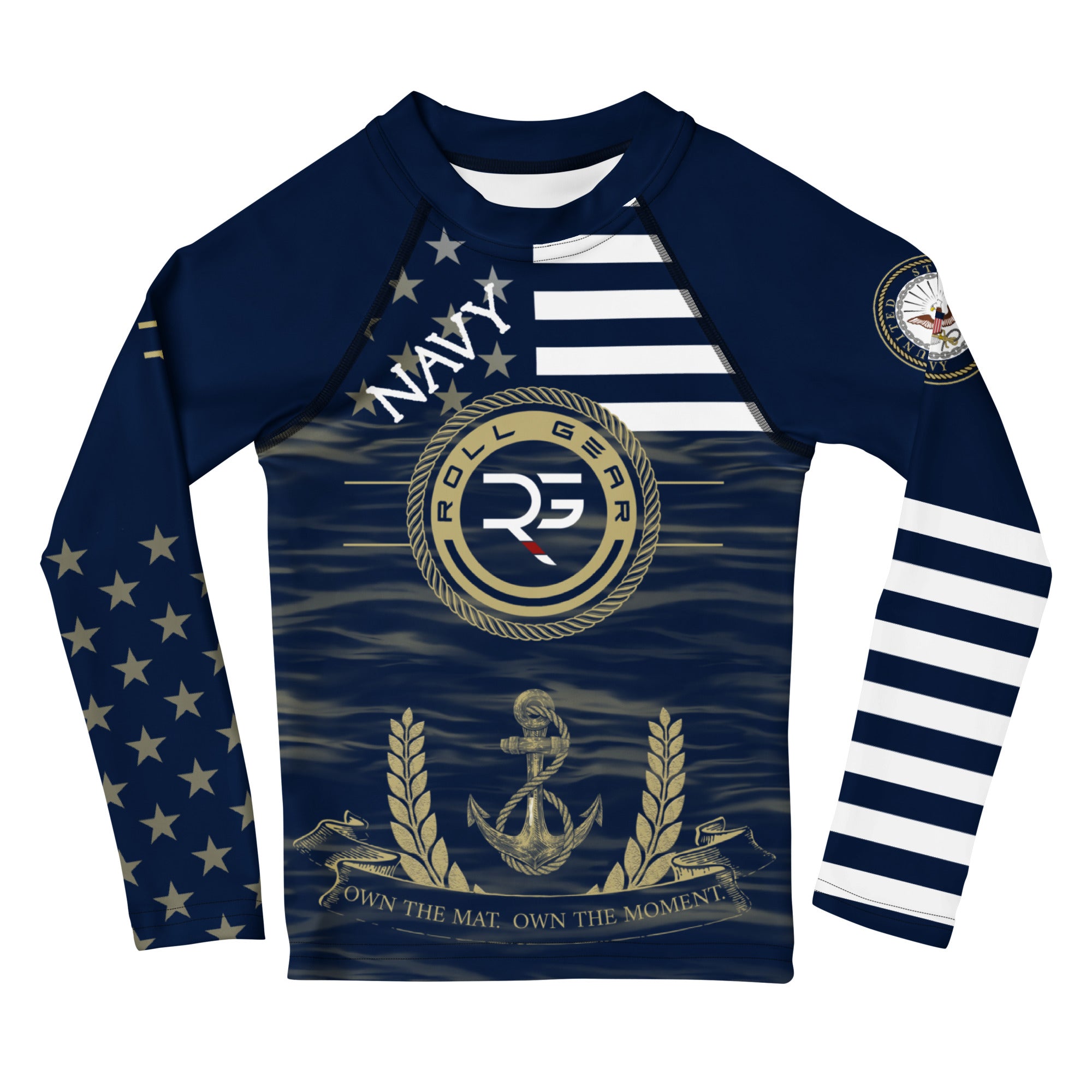 Navy-themed long-sleeve shirt with American flag design and 'Roll Gear' branding on a white background.