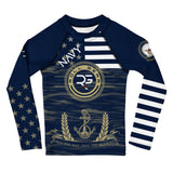 Navy-themed long-sleeve shirt with American flag design and 'Roll Gear' branding on a white background.