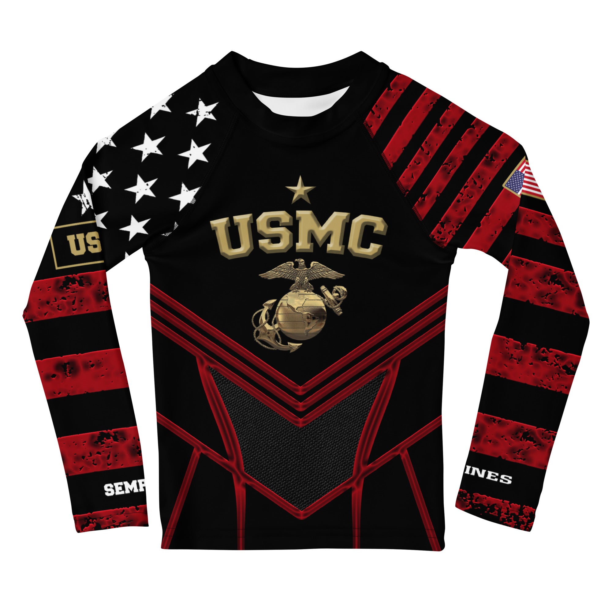 Roll Gear Kids Marines Dress Blues Long Sleeve Rash Guard, front view.