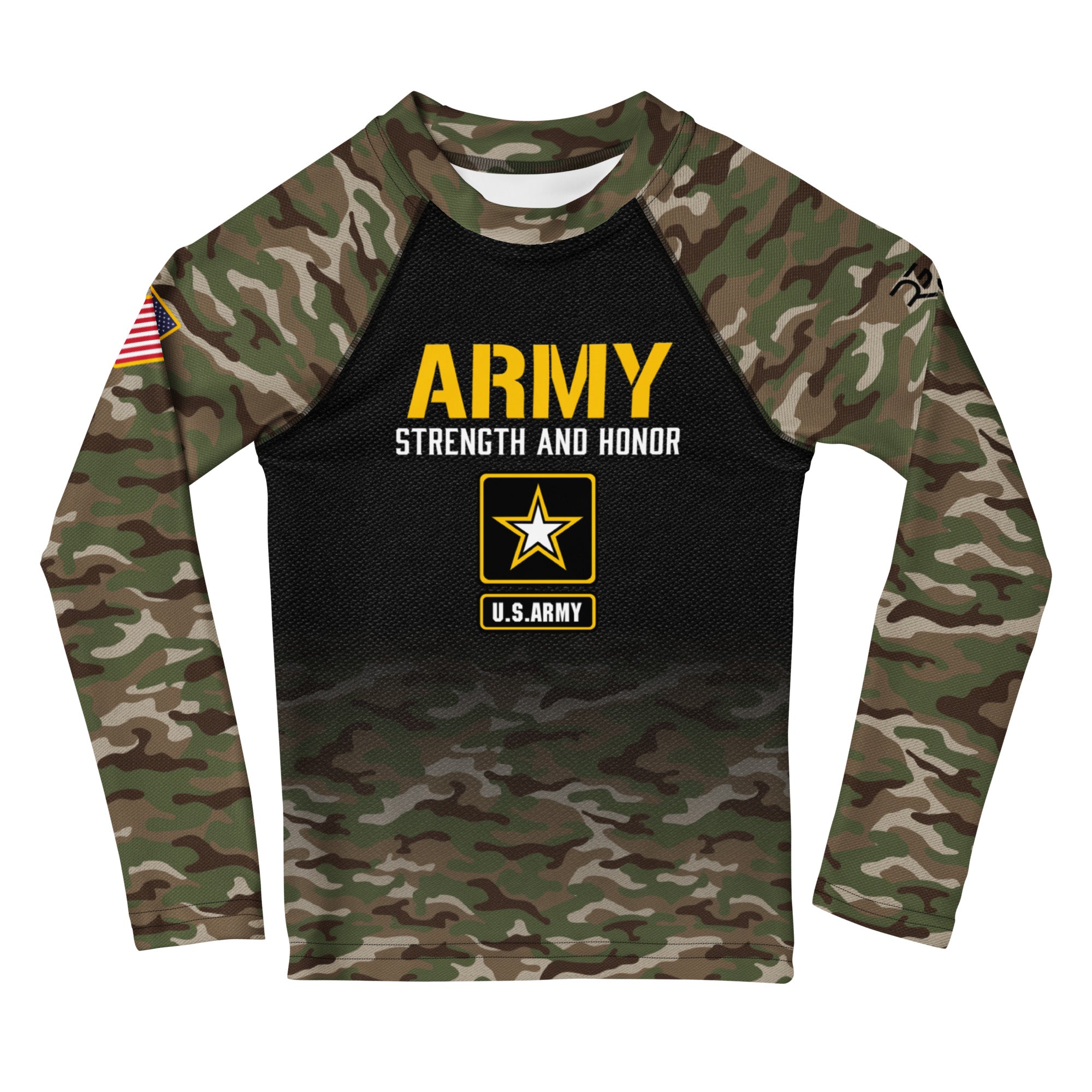Roll Gear Kids Army Classic Long Sleeve Rash Guard, front view, all-over print.