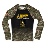 Roll Gear Kids Army Classic Long Sleeve Rash Guard, front view.