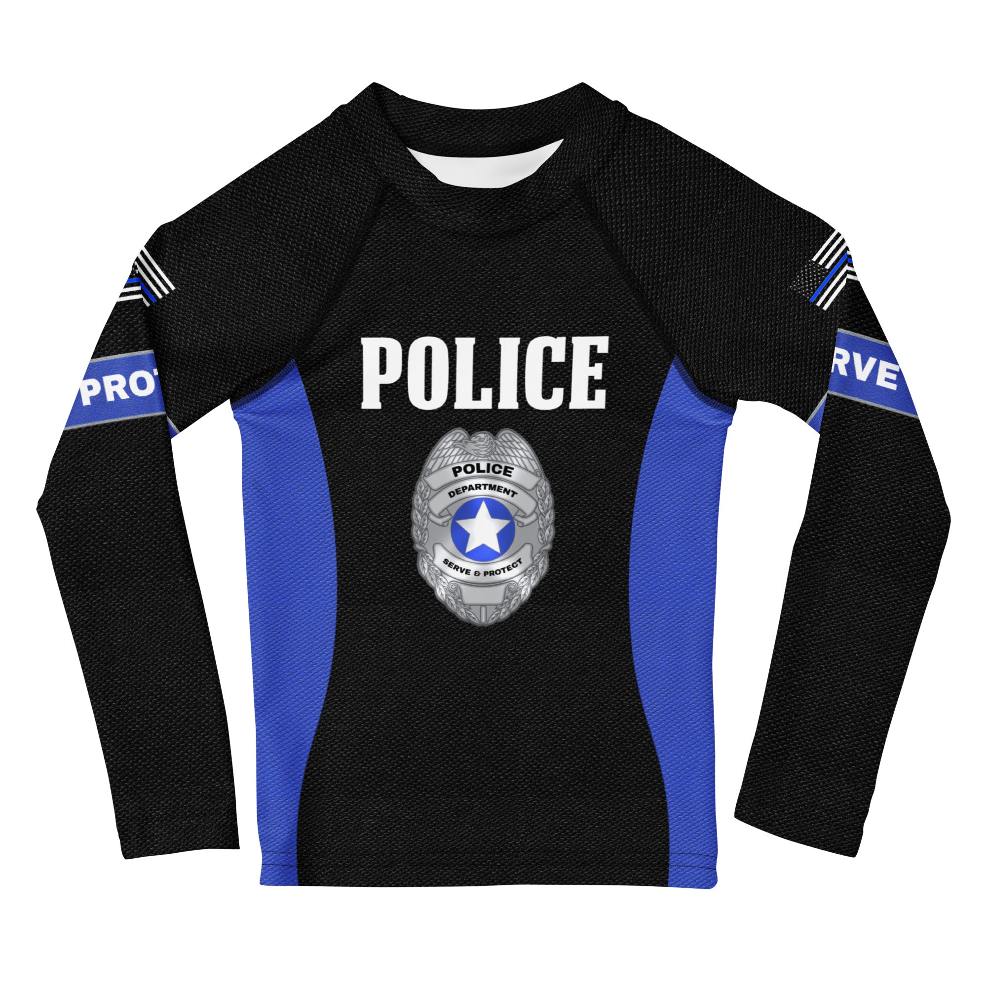 Roll Gear Kids Police Edition Long Sleeve Rash Guard - Thin Blue Line, front view.