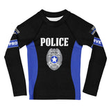 Roll Gear Kids Police Edition Long Sleeve Rash Guard - Thin Blue Line, front view.