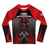 Roll Gear Kids Fire Department Edition Short Sleeve Rash Guard - Red, Black & Smoke Grey, front view.