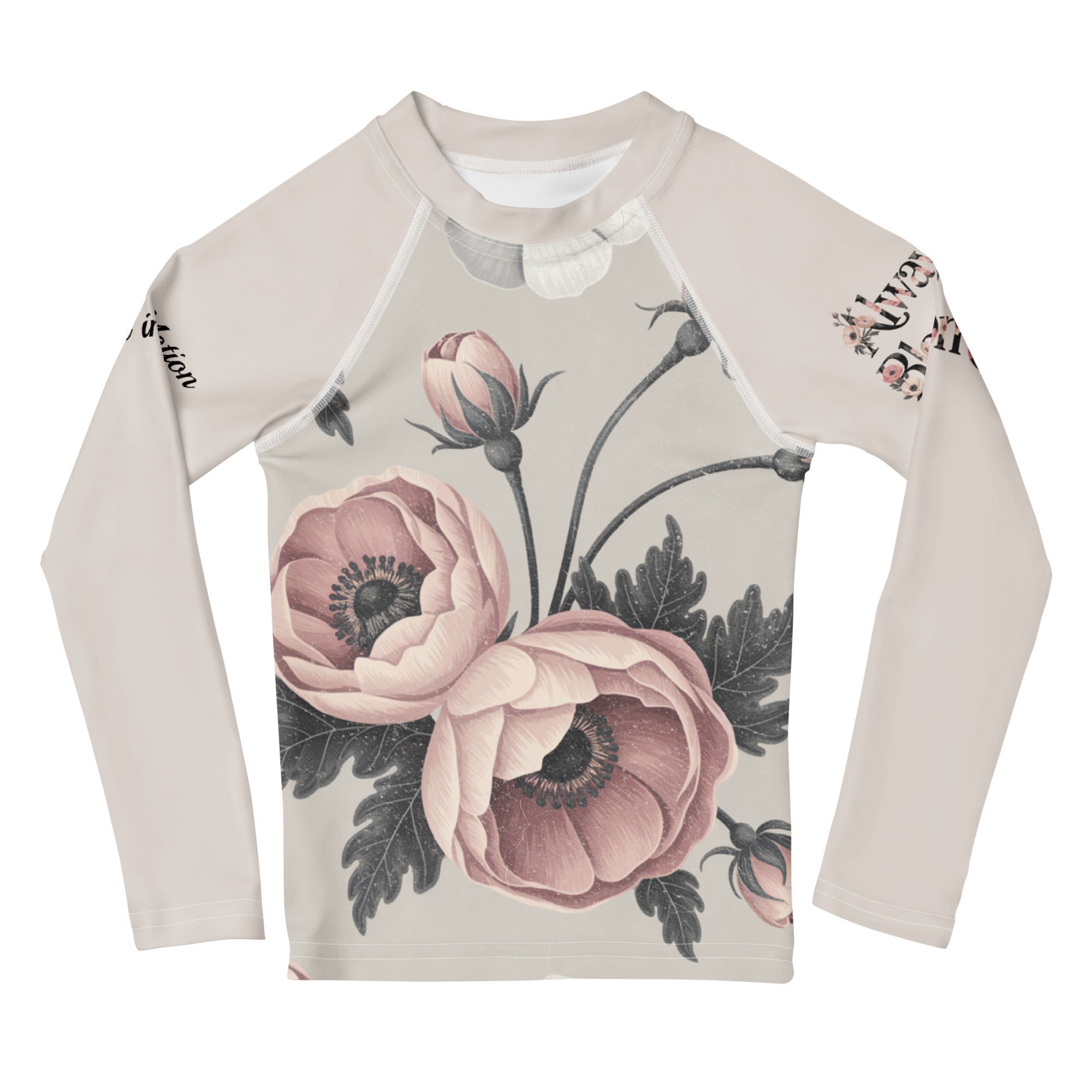 Roll Gear Signature Always Blooming Rash Guard – Vintage Rose (Athlete Edition, Kids Long Sleeve), front view.