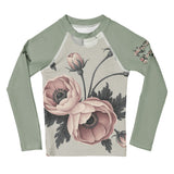 Roll Gear Signature Always Blooming Rash Guard - Sage Green, Kids Long Sleeve, front view.