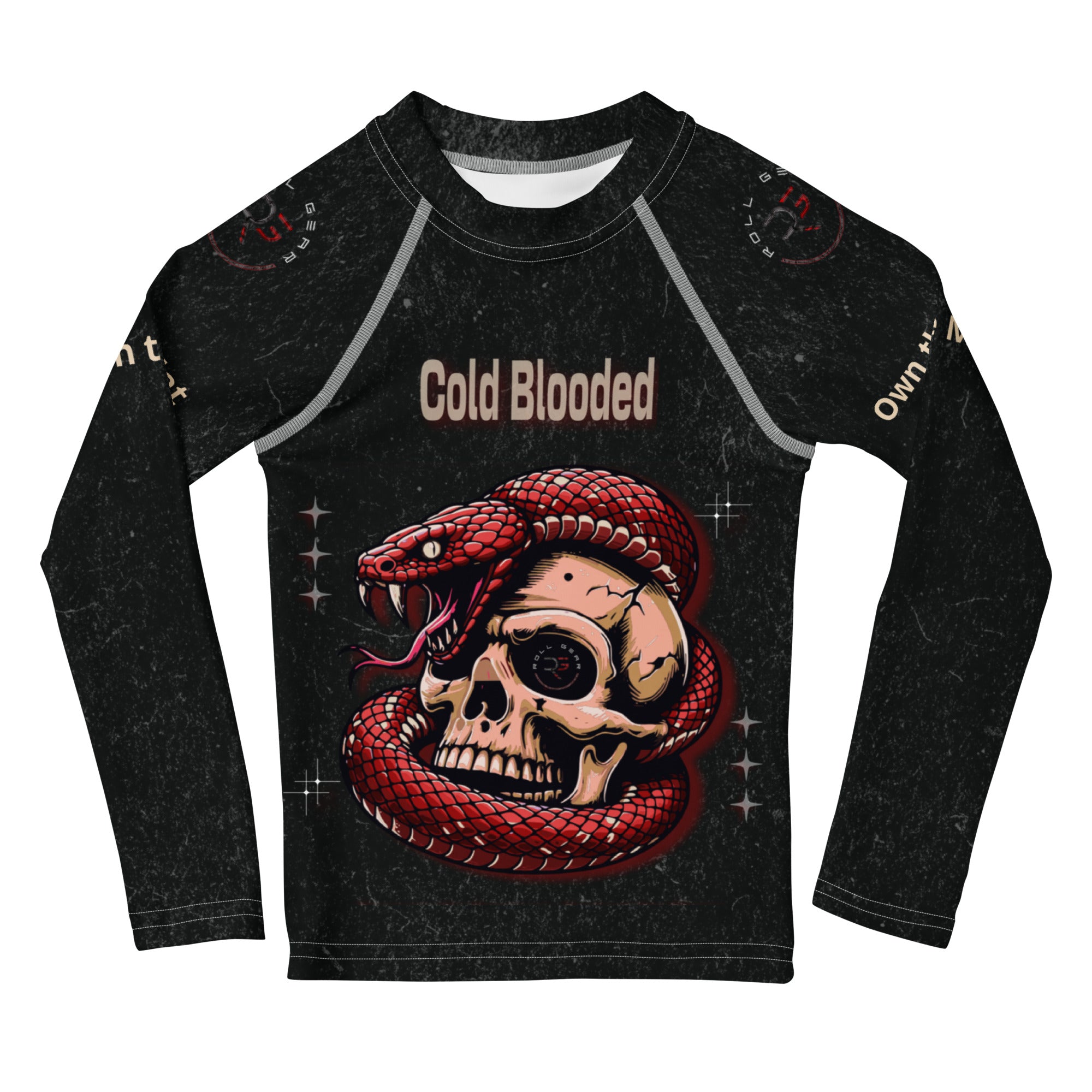 Roll Gear Cold Blooded Rash Guard – Black Venom Athlete Edition – Kids Long Sleeve, front view, all-over print.