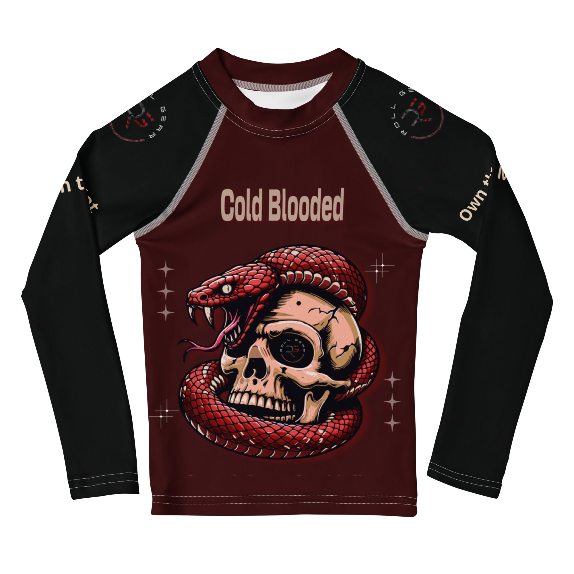 Roll Gear Signature Cold Blooded Rash Guard – Maroon Venom (Athlete Edition, Kids Long Sleeve), front view, all-over print.