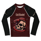 Roll Gear Signature Cold Blooded Rash Guard – Maroon Venom (Athlete Edition, Kids Long Sleeve), front view, all-over print.