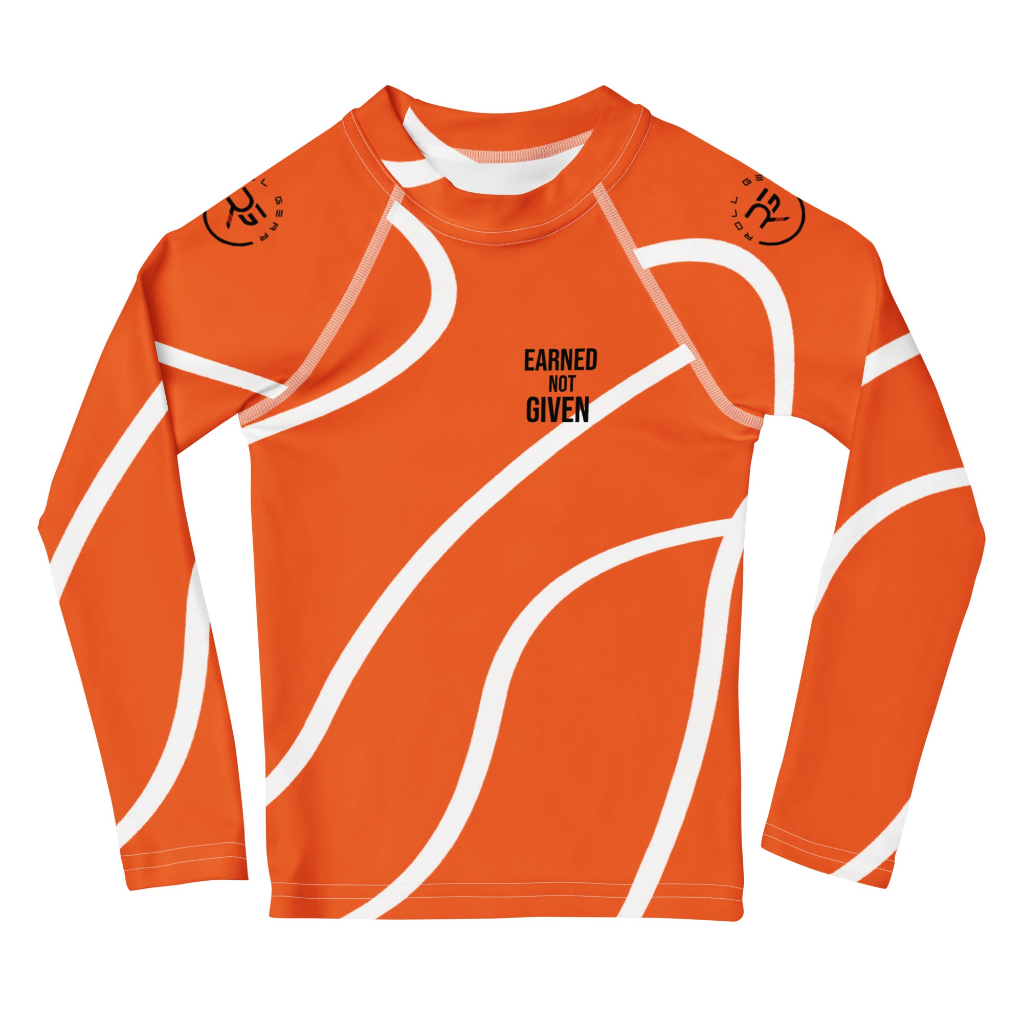 Roll Gear Orange Swirl Rash Guard - Orange/White, Kids, front view.