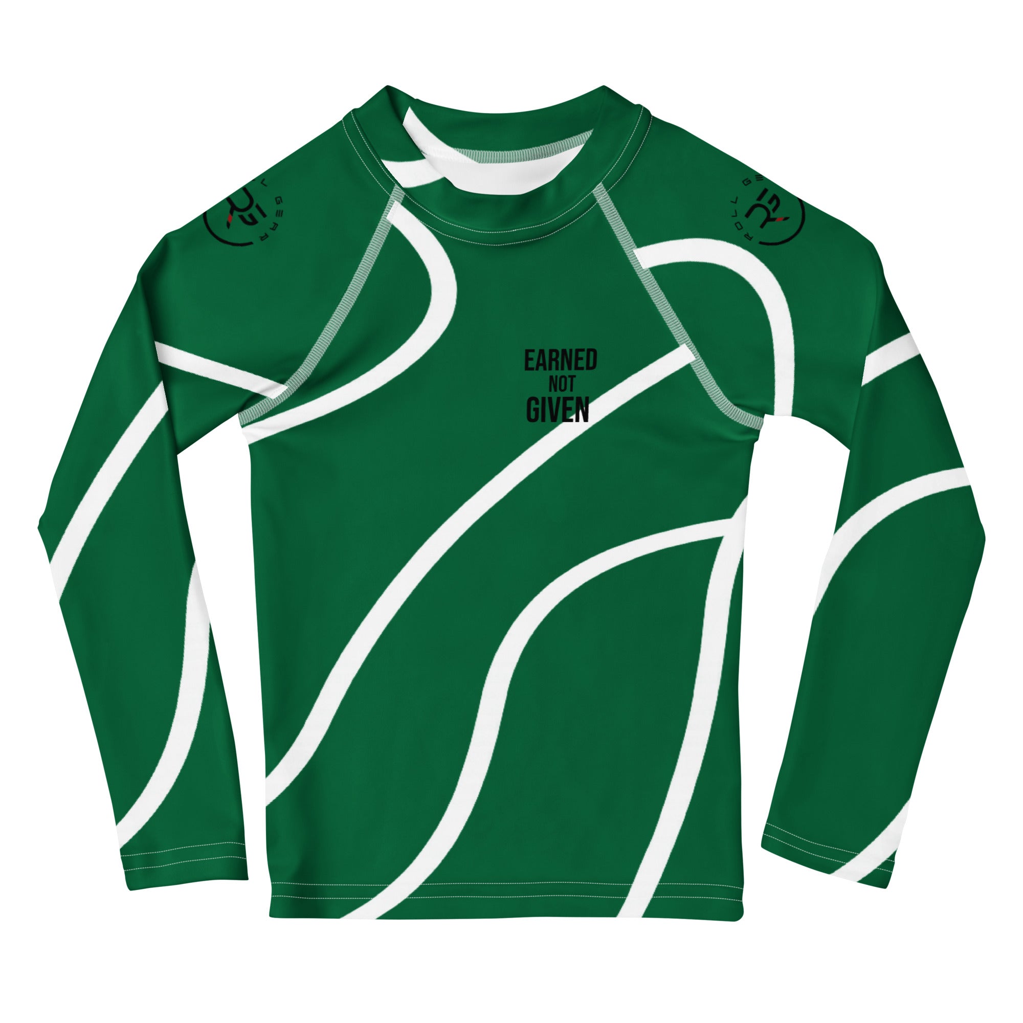 Roll Gear Kids Green Swirl Long Sleeve Rash Guard - Green/White, front view.
