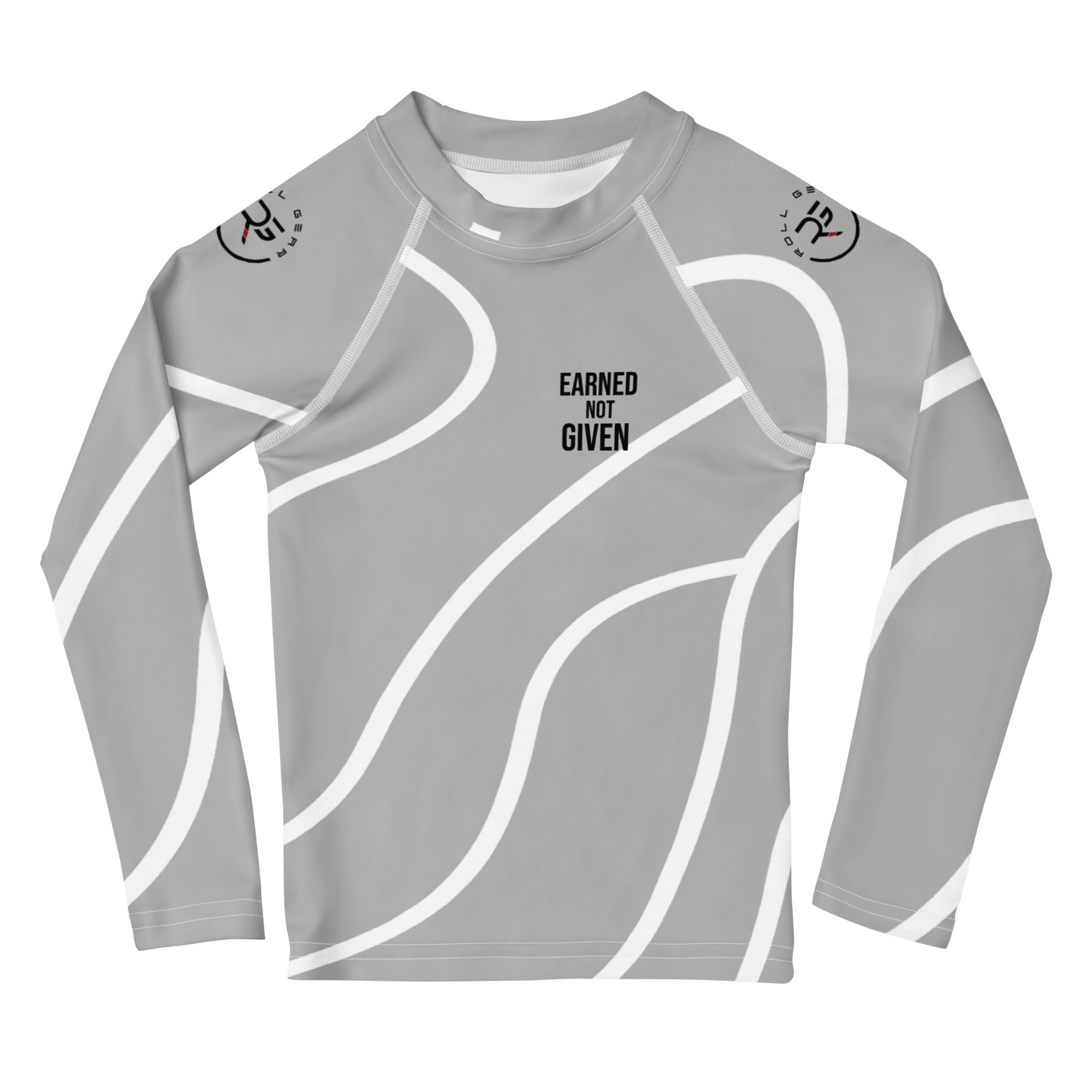Roll Gear Grey Swirl Long Sleeve Rash Guard – Grey/White – Kids, front view, all-over print.