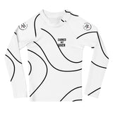 Roll Gear White Swirl Long Sleeve Rash Guard - White/Black, Kids, front view.