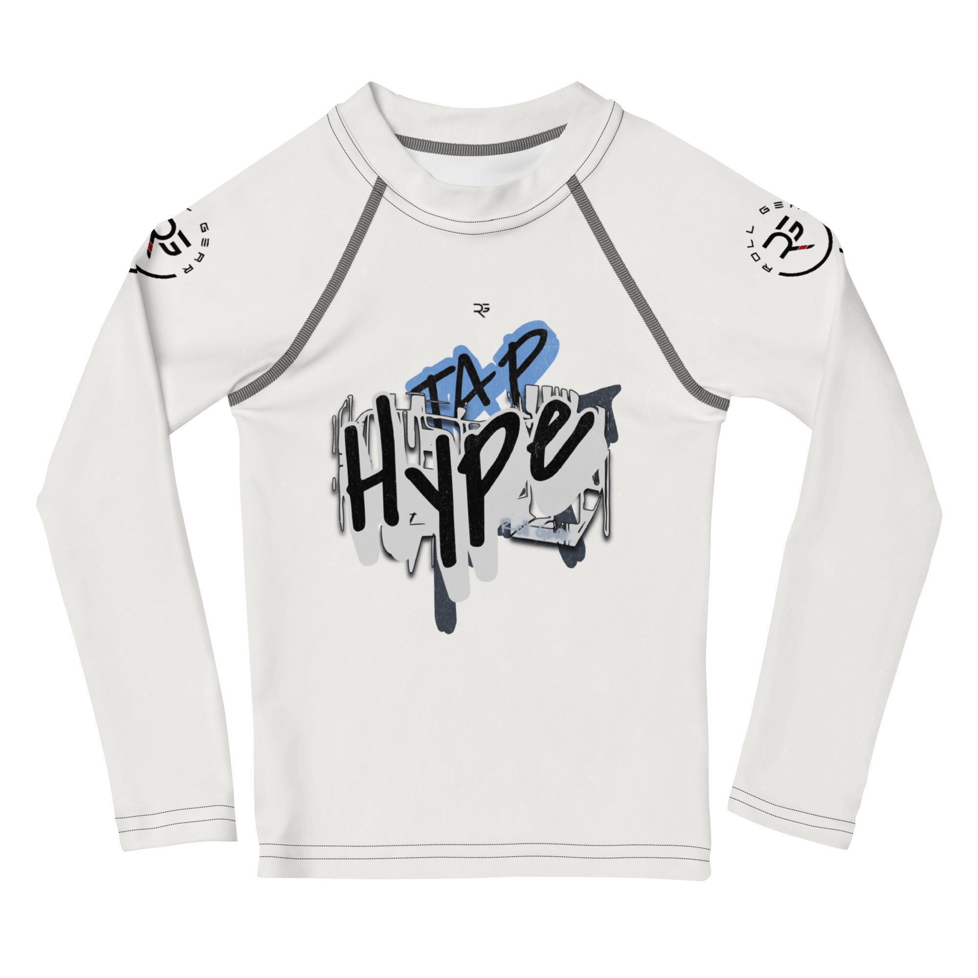 Roll Gear Tap Hype Rash Guard – Blue/White – Kids, front view, all-over print.
