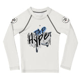 Roll Gear Tap Hype Rash Guard – Blue/White – Kids, front view, all-over print.