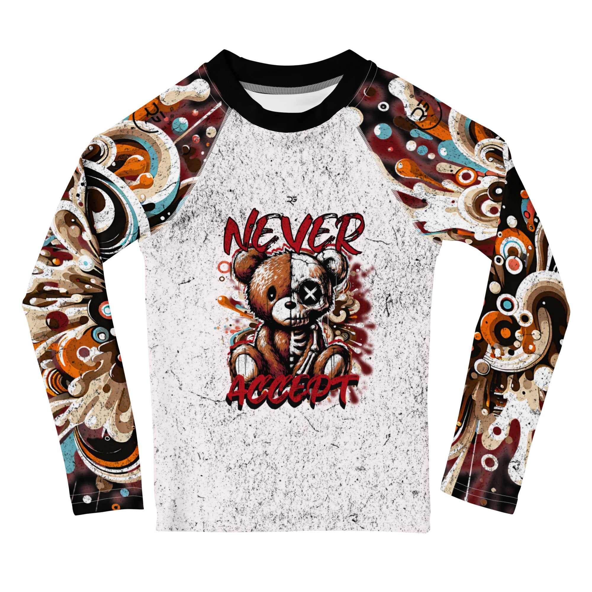 Roll Gear Never Accept Rash Guard – Black – Kids, front view, all-over print.