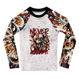 Roll Gear Never Accept Rash Guard – Black – Kids, front view, all-over print.