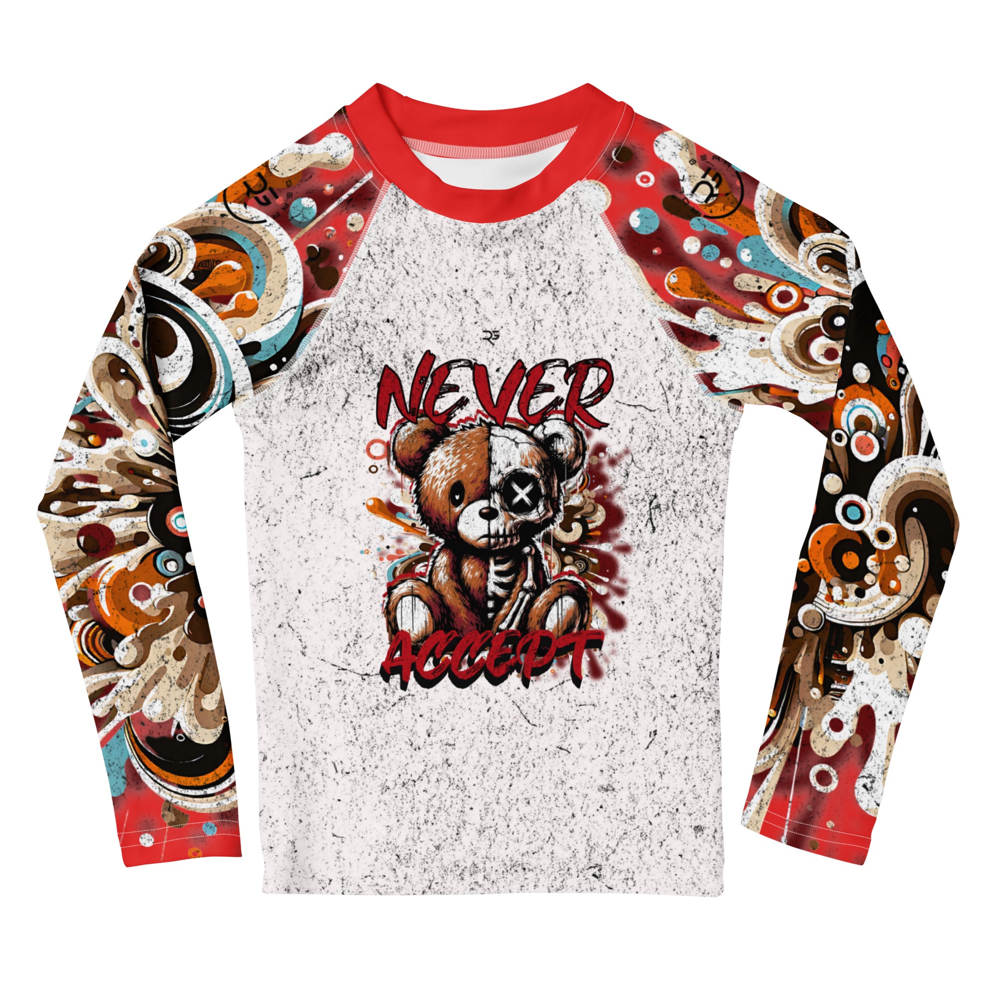 Roll Gear Never Accept Rash Guard - Black, Kids, front view.