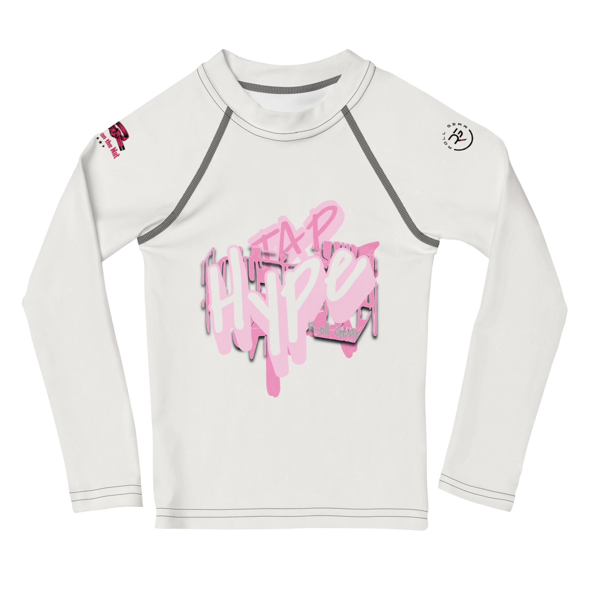 Roll Gear Tap Hype Girls on the Mat Rash Guard - Light Pink/White, Kids Long Sleeve, front view.
