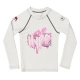 Roll Gear Tap Hype Girls on the Mat Rash Guard - Light Pink/White, Kids Long Sleeve, front view.