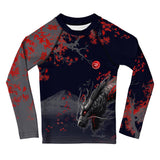 Roll Gear Shadow Dragon Warrior kids' LS rash guard in dark navy & crimson — BJJ compression, dragon print, front.