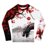 Roll Gear Shadow Dragon Warrior kids' LS rash guard in white & crimson — BJJ compression, dragon print, front.
