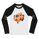 Roll Gear Tap Hype Long Sleeve Rash Guard – Orange & White – Kids, front view, all-over print.