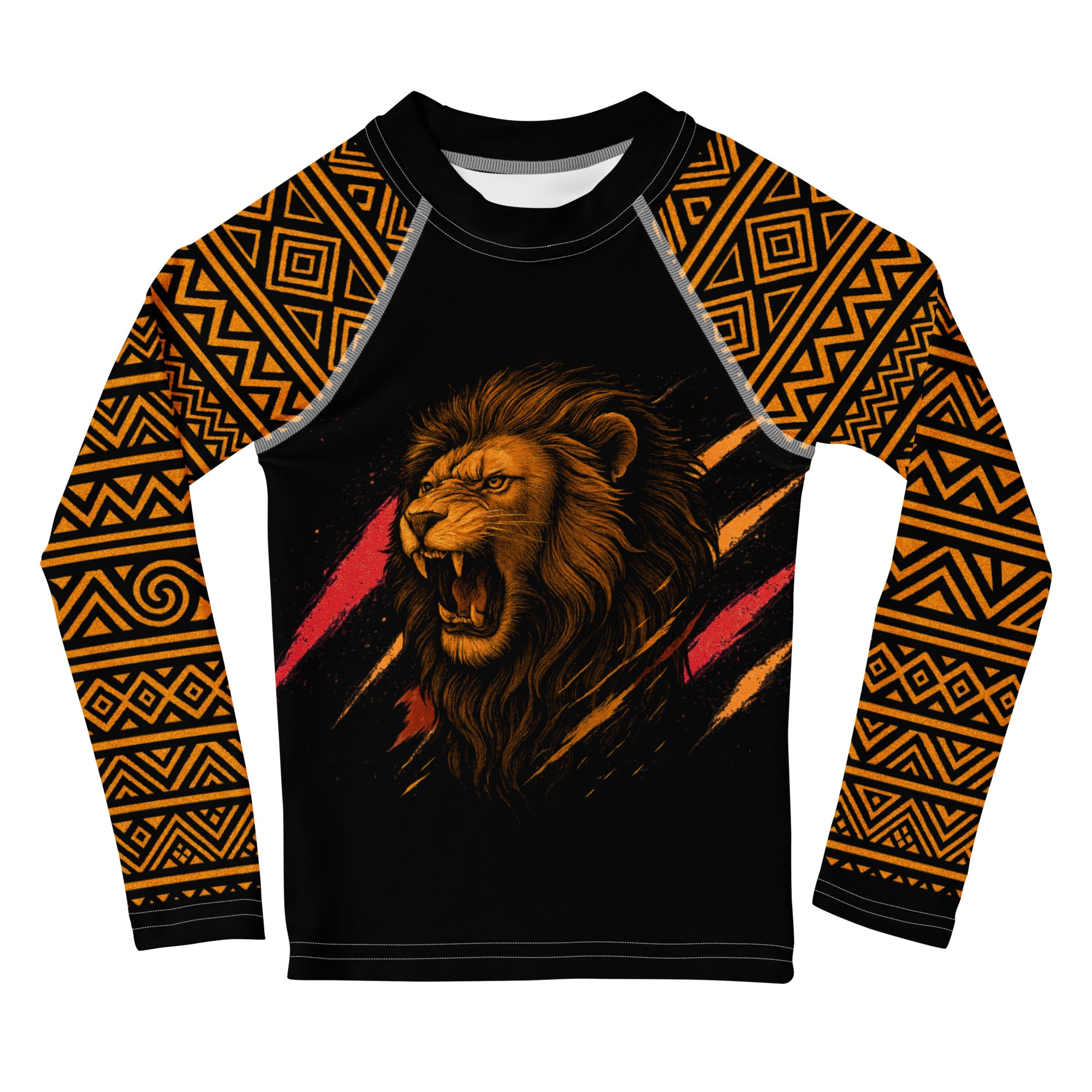 Roll Gear Lion’s Pride Long Sleeve Rash Guard – Black & Gold – Kids, front view, all-over print.