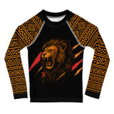Roll Gear Lion’s Pride Long Sleeve Rash Guard – Black & Gold – Kids, front view, all-over print.