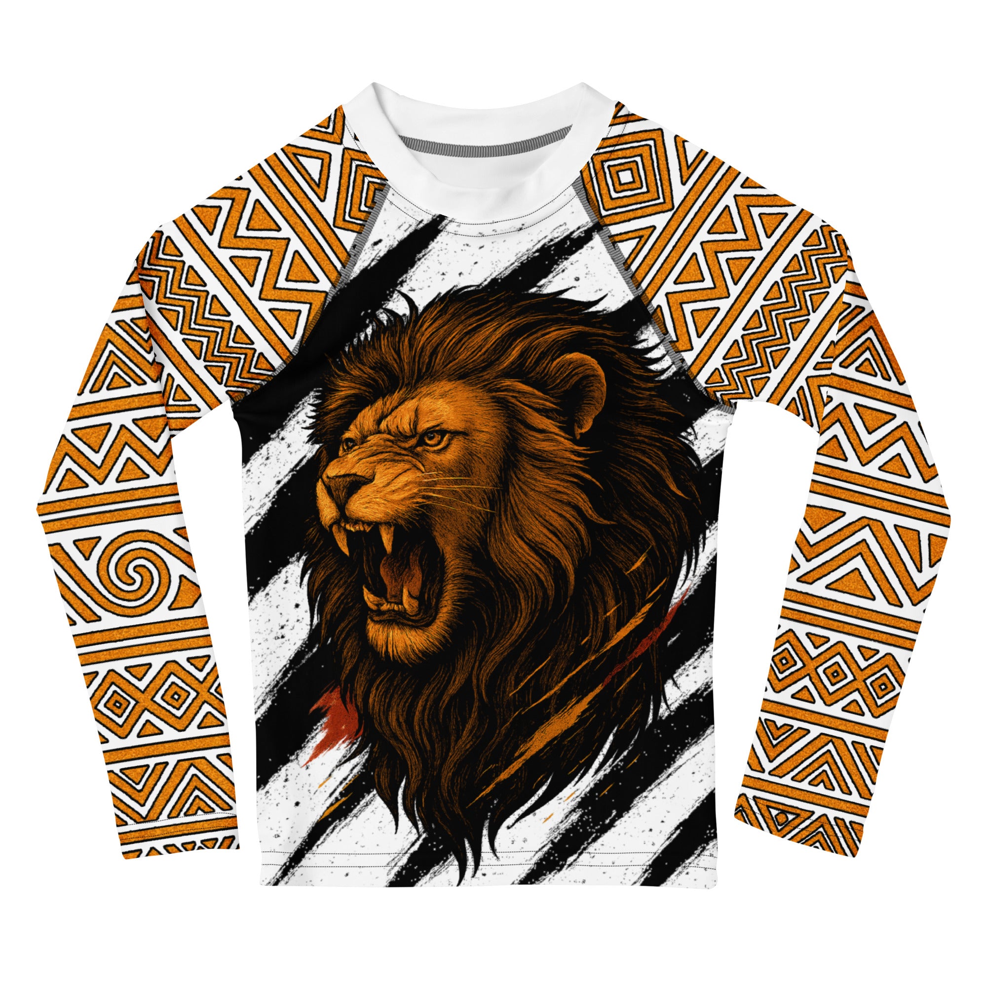 Roll Gear Lion’s Pride Long Sleeve Rash Guard – White & Gold – Kids, front view, all-over print.