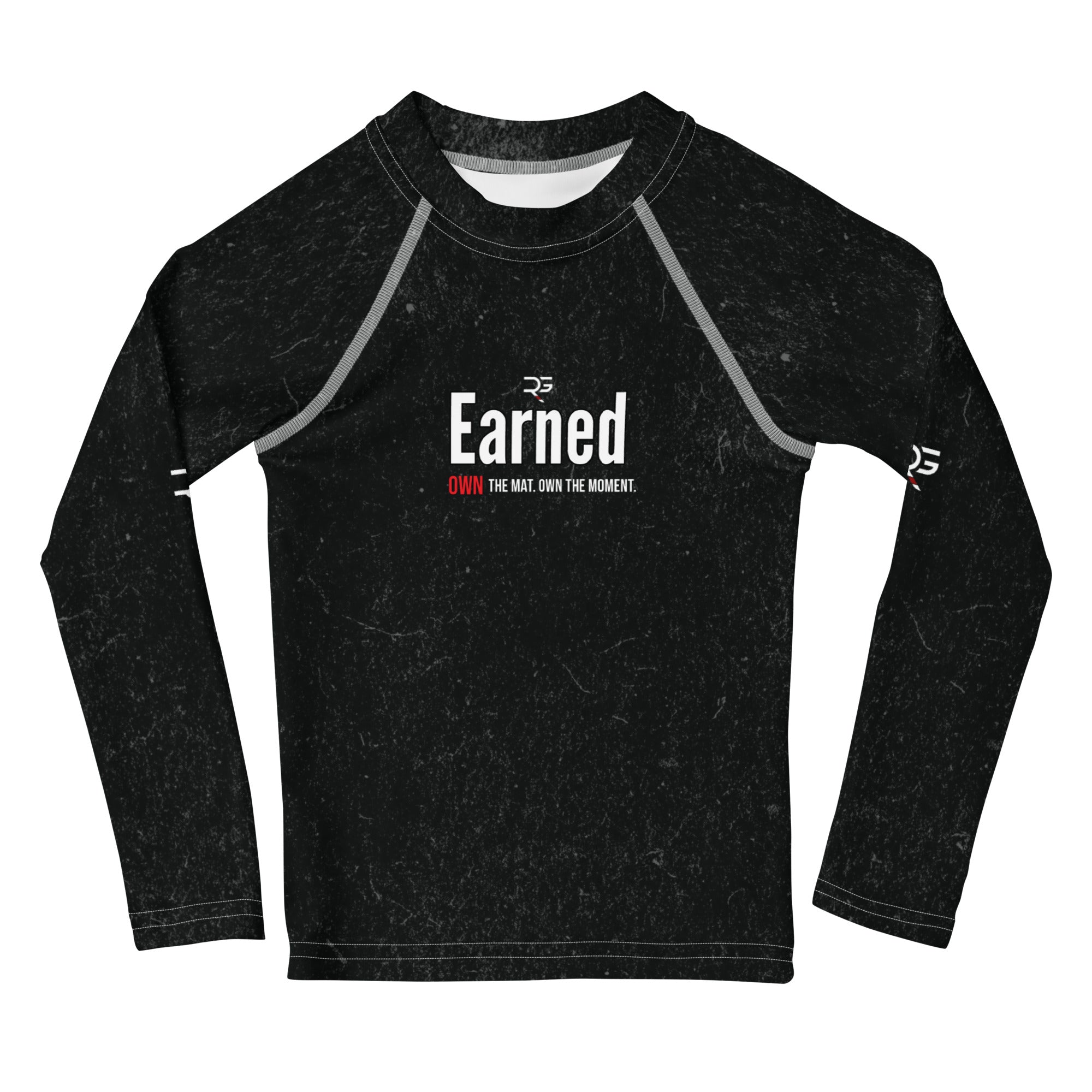 Roll Gear Earned Not Given Long Sleeve Rash Guard – Black – Kids, front view, all-over print.