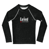 Roll Gear Earned Not Given Long Sleeve Rash Guard – Black – Kids, front view, all-over print.