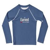 Roll Gear Earned Not Given Long Sleeve Rash Guard – Blue – Kids, front view, all-over print.
