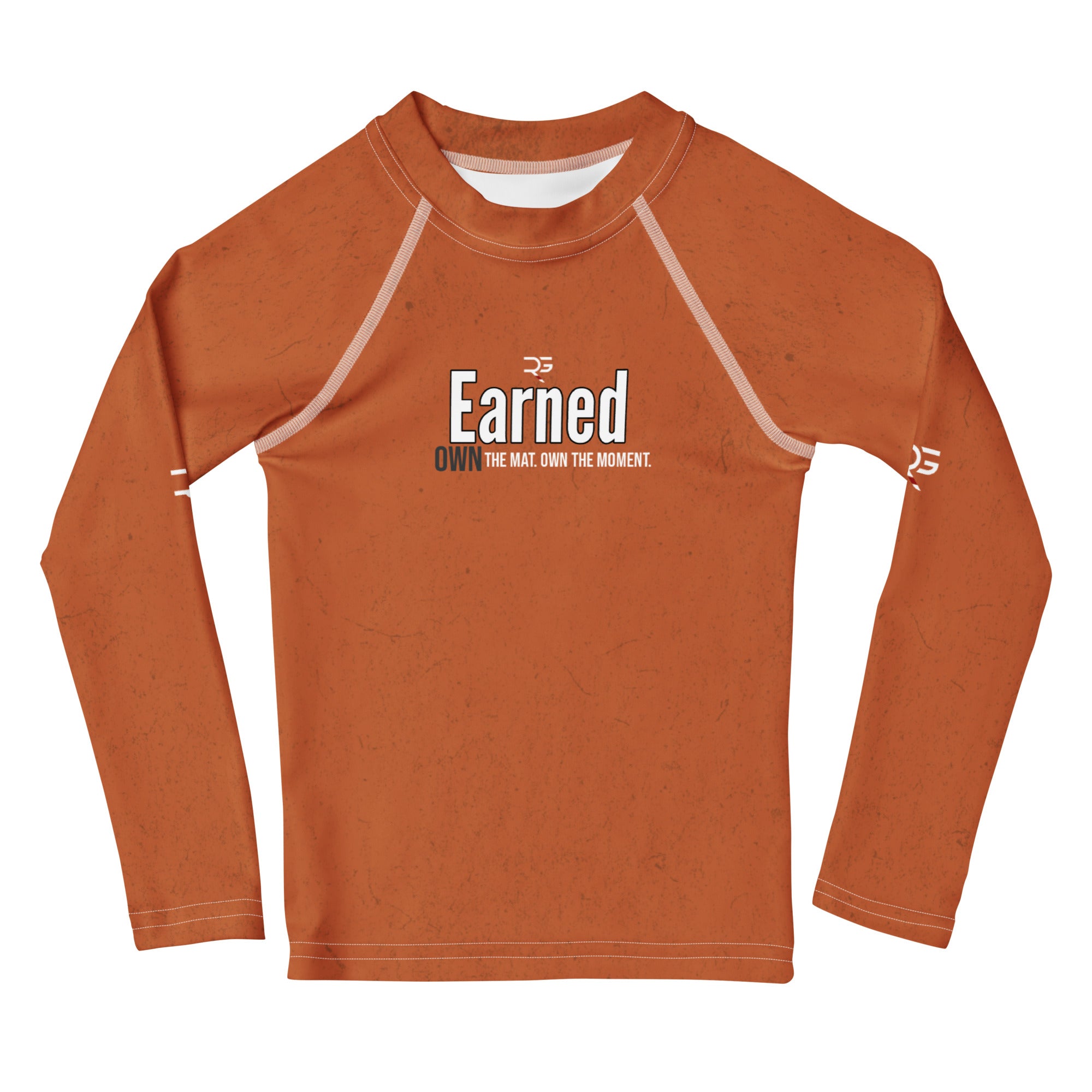 Roll Gear Earned Not Given Long Sleeve Rash Guard - Burnt Orange, Kids, front view.