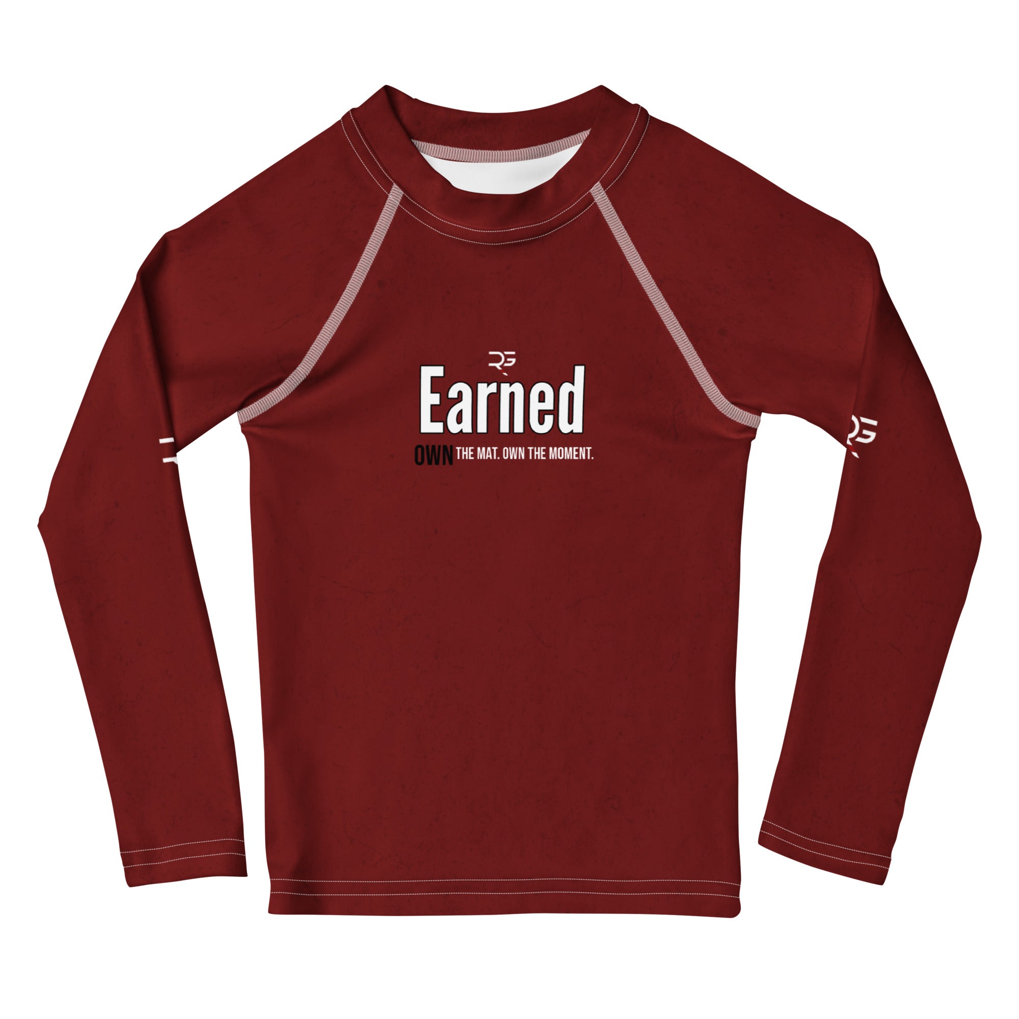 Red long-sleeve shirt with 'Earned' logo and text on a white background