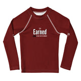 Red long-sleeve shirt with 'Earned' logo and text on a white background
