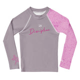 Long-sleeve shirt with pink and gray design on a white background