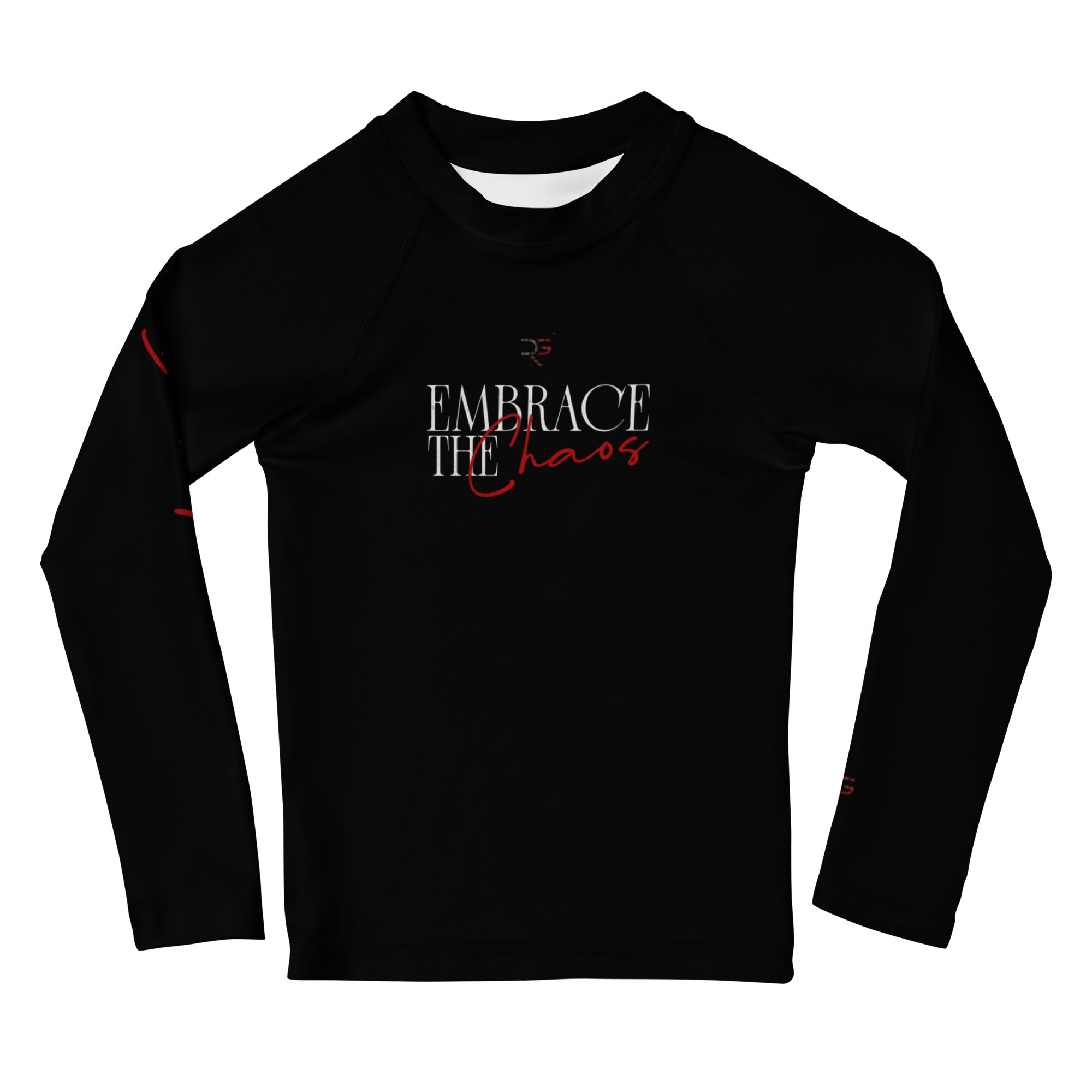 Roll Gear Embrace the Chaos Rash Guard – Kids, front view, all-over print.