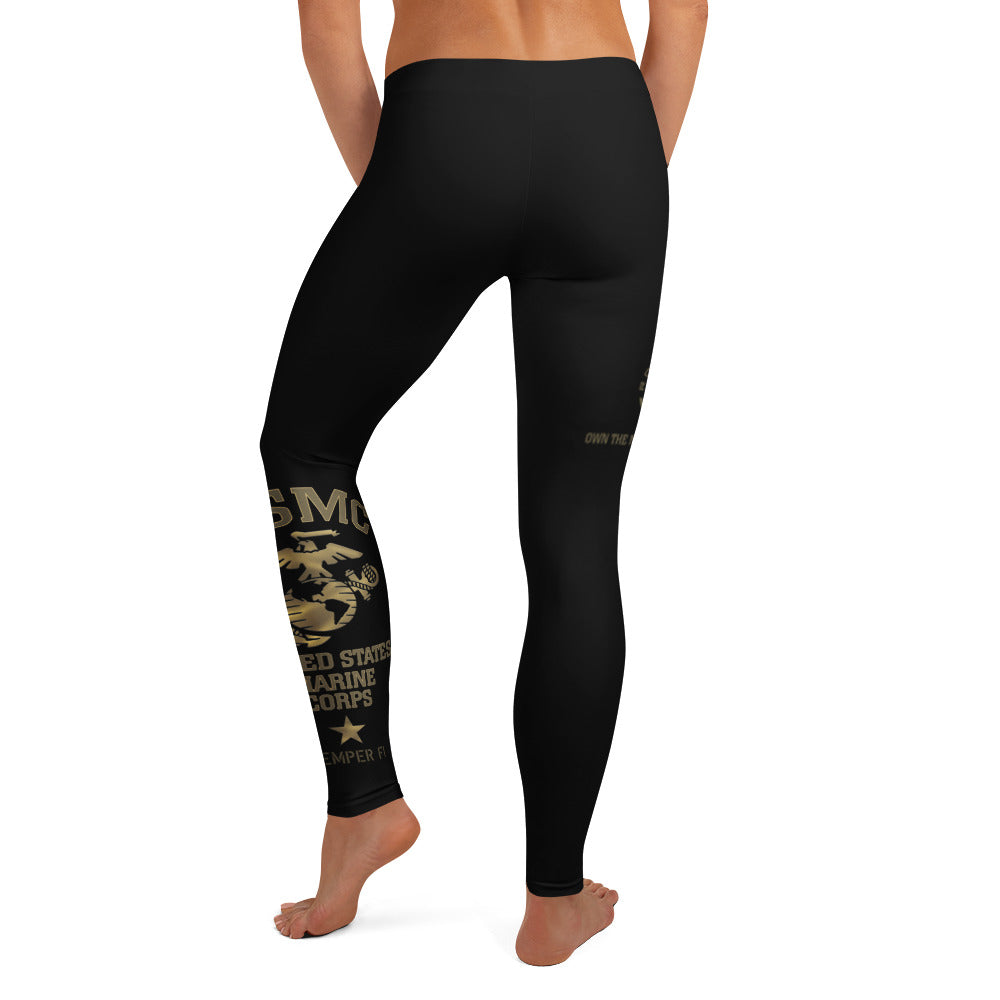 Roll Gear Women's Marines Gold Compression Spats - Black & Gold USMC Leggings, back view.