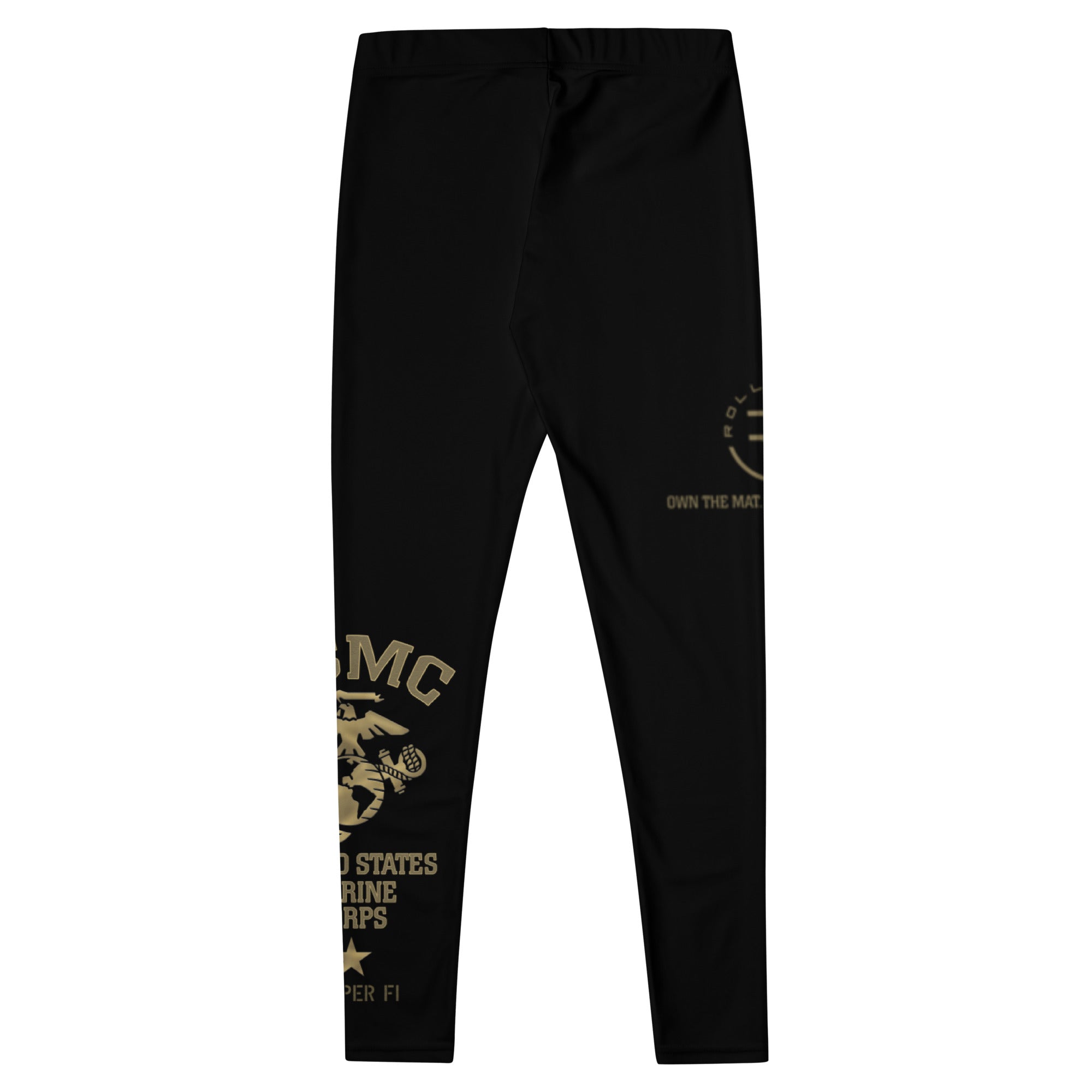 Roll Gear Women's Marines Gold Compression Spats - Black & Gold USMC Leggings, back view, additional angle.
