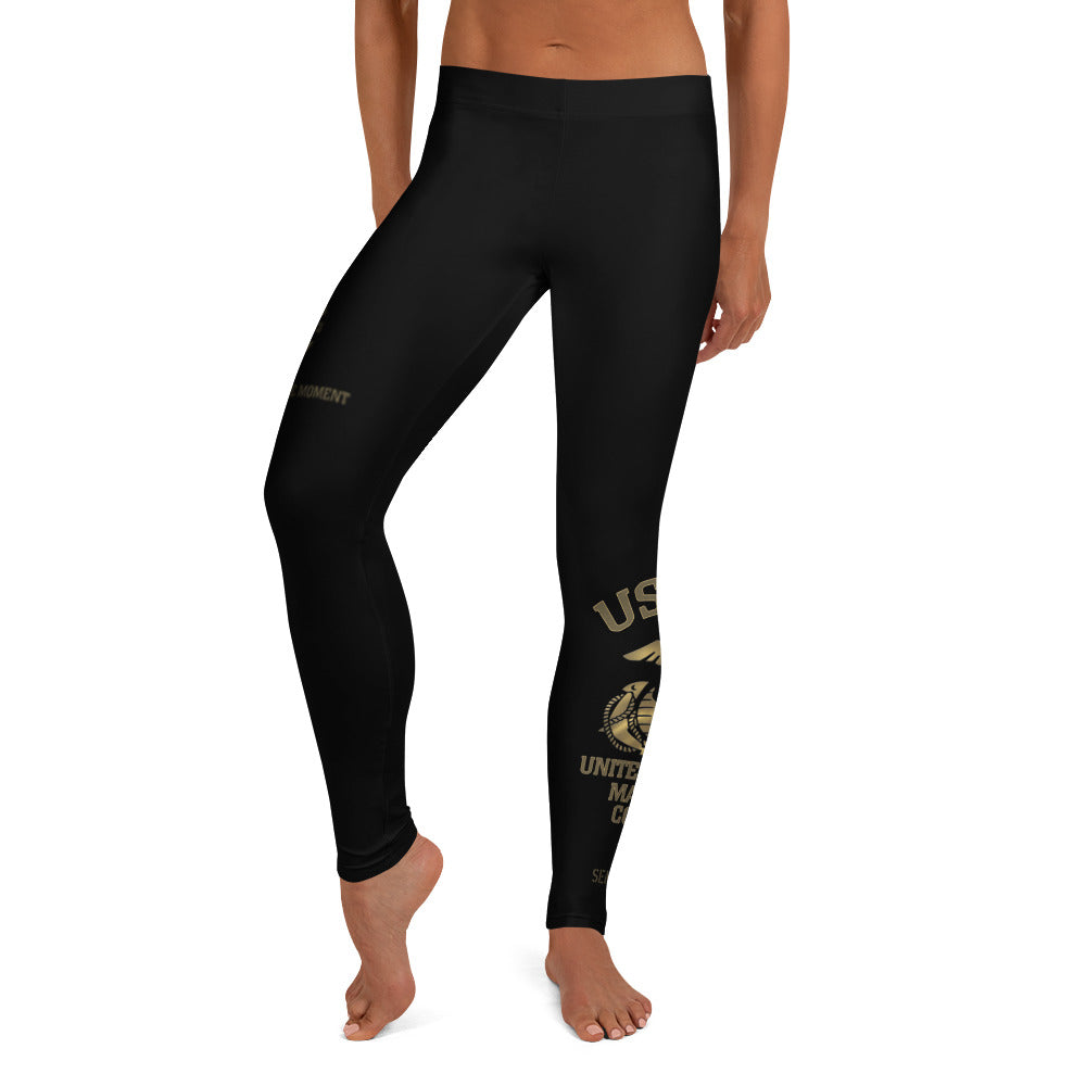 Roll Gear Women's Marines Gold Compression Spats - Black & Gold USMC Leggings, front view.