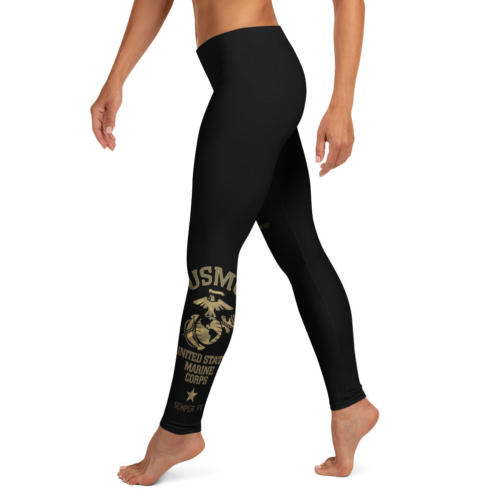 Roll Gear Women's Marines Gold Compression Spats - Black & Gold USMC Leggings, left side view.