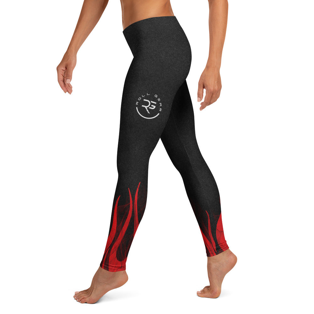 Roll Gear Women's Fire Department Compression Spats - Black with Red Flames, left side view.